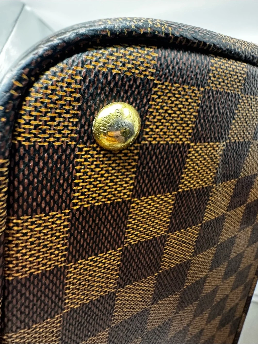 Louis Vuitton Brown Damier Ebene Kensington Canvas Tote with Gold V Detail